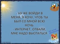 - Ну же войди в меня, я хочу, чтоб ты был со мной всю ночь.
- Интернет, отвали, мне надо выспаться.