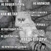 Не пошел гулять Не угостил вкусняшкой Не сходил со мной в магазин Не пригласил домой Не поставил Лайк Не написал Я ведь его друг Как же так Не дал листик Не дал ручку