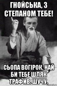 гнойська, з степаном тебе! сьопа вогірок, най би тебе шляк трафив. шучу.