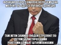 франция в горе.сожалею но почему она молчит об одессе луганске донецке там жгли заживо людей стреляют по детям балистическими ракетами.бомбят штурмовиками