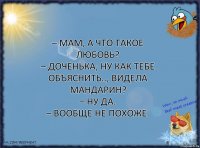 – Мам, а что такое любовь?
– Доченька, ну как тебе объяснить.., видела мандарин?
– Ну да.
– Вообще не похоже.