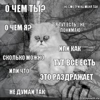 О чем ты? тут все есть я тут есть... не понимаю не думай так сколько можно не смотри на меня так это раздражает о чем я? или что или как