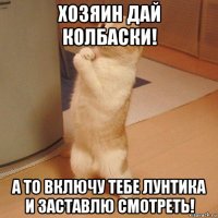 хозяин дай колбаски! а то включу тебе лунтика и заставлю смотреть!