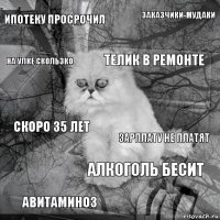 ипотеку просрочил зарплату не платят телик в ремонте авитаминоз скоро 35 лет заказчики-мудаки алкоголь бесит на улке скользко  