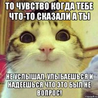 то чувство когда тебе что-то сказали а ты не услышал, улыбаешься и надеешься что это был не вопрос!