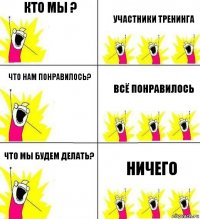 кто мы ? Участники тренинга Что нам понравилось? Всё понравилось Что мы будем делать? Ничего