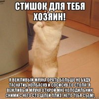 стишок для тебя хозяин! я вежливый мяука орать больше не буду таскатиь колбаску и сосиску со стола! я вежливый мяука открой мне холодильник сними с него сто цепей плиз! нето тебя съем!