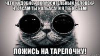 чего надобно? вопросительный человек? что! сам ты колбаса! и я тебя съем! ложись на тарелочку!