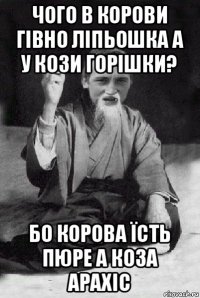 чого в корови гівно ліпьошка а у кози горішки? бо корова їсть пюре а коза арахіс