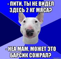 - пити, ты не видел здесь 2 кг мяса? - неа мам, может это барсик сожрал?