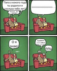 Папа а кокого года ты радился и сколько тебе лет? Мммммм....Щас подумаю ээээээээээээээээээээээээээ........ О я знаю! Я родился 2005 году и мне 100 лет! ппц