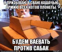 я призываю в сваю кашачью армию всех котов плонеты будем ваевать против сабак