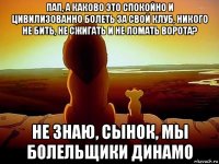 пап, а каково это спокойно и цивилизованно болеть за свой клуб, никого не бить, не сжигать и не ломать ворота? не знаю, сынок, мы болельщики динамо