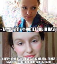 - Там в углу фиолетовый паук - С наркотой пора тебе завязывать , Ленка !
Пауки ж только зелеными бывают