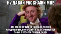 ну давай расскажи мне как твой кот чуть не нассал в ящик с мандаринами, но спалился из-за фирменной позы, в которой привык ссать