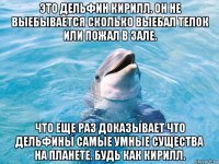 это дельфин кирилл. он не выебывается сколько выебал телок или пожал в зале. что еще раз доказывает что дельфины самые умные существа на планете. будь как кирилл.