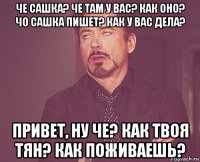 че сашка? че там у вас? как оно? чо сашка пишет? как у вас дела? привет, ну че? как твоя тян? как поживаешь?