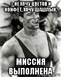 > не хочу цветов и конфет, хочу шашлык. миссия выполнена