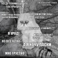 Когда понимаешь что тебе крышка... Меня называют уродом в школе... Гаражи исписаны *Кот лох*... Мне грустно... Я урод! В меня швыряют тапки и гонят прочь... А я хочу ласки... Может тогда я был бы нормальный... Но всё четно Я погибну в этом мире!