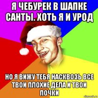 я чебурек в шапке санты. хоть я и урод но я вижу тебя насквозь все твои плохие дела и твои почки