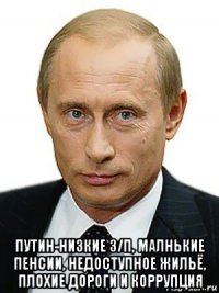  путин-низкие з/п, малнькие пенсии, недоступное жильё, плохие дороги и коррупция