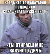 когда кто-то в аватарии подходит и спрашивает:"нужен вип?" -ты втираеш мне какую то дичь