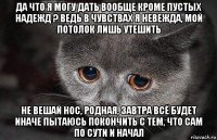 да что я могу дать вообще кроме пустых надежд ? ведь в чувствах я невежда, мой потолок лишь утешить не вешай нос, родная, завтра всё будет иначе пытаюсь покончить с тем, что сам по сути и начал