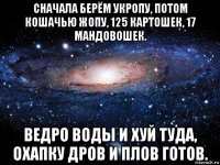 сначала берём укропу, потом кошачью жопу, 125 картошек, 17 мандовошек. ведро воды и хуй туда, охапку дров и плов готов.