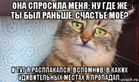 она спросила меня: ну где же ты был раньше, счастье моё? и тут я расплакался, вспомнив, в каких удивительных местах я пропадал.