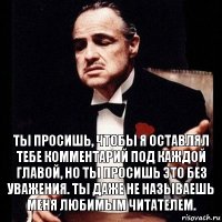 Ты просишь, чтобы я оставлял тебе комментарий под каждой главой, но ты просишь это без уважения. Ты даже не называешь меня любимым читателем.