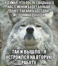 я думал, что после свадьбы у нас с женой будет больше денег, так как будет два источника дохода. так и вышло - я устроился на вторую работу.