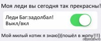 Моя леди вы сегодня так прекрасны! Леди Баг:задолбал! Выкл/вкл Мой милый котик я знаю))(пошёл в жопу!!!)