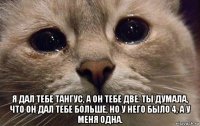  я дал тебе тангус, а он тебе две. ты думала, что он дал тебе больше, но у него было 4, а у меня одна.