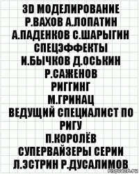 3D моделирование
Р.Вахов А.Лопатин
А.Паденков С.Шарыгин
спецэффекты
И.Бычков Д.Оськин Р.Саженов
риггинг
М.Гринац
ведущий специалист по ригу
П.Королёв
супервайзеры серии
Л.Эстрин Р.Дусалимов