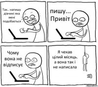 Так.. напишу дівчині яка мені подобається пишу... Привіт Чому вона не відписує Я чекав цілий місяць. а вона так і не написала