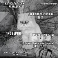 Написала таски разрабам Пишу разрабу - тут не так Они их поставили он тест ответ - ну да, реализована старая логика Проверяю С документам аналитика А какого .. ты перевел тогда в он тест?!!!   