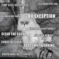 temp desk out of date add awr, remove awr BO EXCEPTION dropdowns not cleared clear the cache feed adapters fail ADA is not working document not found codes id clash entity ownership error