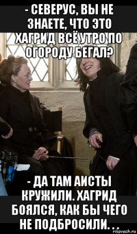 - северус, вы не знаете, что это хагрид всё утро по огороду бегал? - да там аисты кружили. хагрид боялся, как бы чего не подбросили. . .