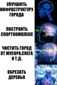 Улучшить инфраструктуру города Построить спорткомплекс чистить город от мусора,снега и т.д. Обрезать деревья