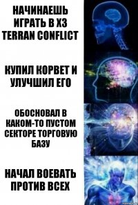 Начинаешь играть в X3 Terran conflict Купил корвет и улучшил его Обосновал в каком-то пустом секторе торговую базу Начал воевать против всех