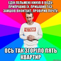 едік пельмені кинув в воду. приправив їх, прибавив газ. зайшов вконтакт, провірив почту. ось так згоріло пять квартир