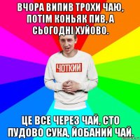 вчора випив трохи чаю, потім коньяк пив, а сьогодні хуйово. це все через чай, сто пудово сука, йобаний чай.