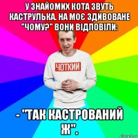 у знайомих кота звуть каструлька. на моє здивоване "чому?" вони відповіли: - "так кастрований ж".