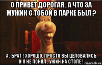 о привет дорогая , а что за мужик с тобой в парке был ? а , брат ! хорошо, просто вы целовались и я не понял . ужин на столе !