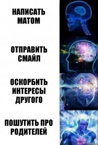 Написать матом Отправить смайл оскорбить интересы другого пошутить про родителей