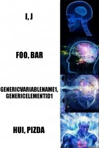 i, j foo, bar genericVariableName1, genericElementId1 hui, pizda