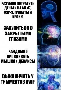 Разумно потратить деньги на АК-47, USP-S, гранаты и броню Закупиться с закрытыми глазами Рандомно прокликать мышкой девайсы Выклянчить у тиммейтов AWP