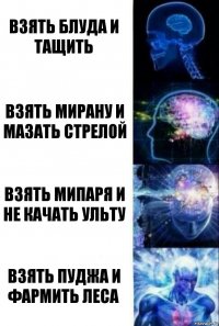 Взять Блуда и тащить взять мирану и мазать стрелой взять мипаря и не качать ульту взять пуджа и фармить леса