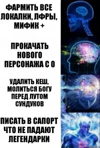 фармить все локалки, лфры, мифик + прокачать нового персонажа с 0 удалить кеш, молиться Богу перед лутом сундуков Писать в сапорт что не падают легендарки