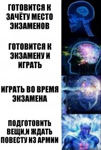 Готовится к зачёту место экзаменов Готовится к экзамену и играть Играть во время экзамена Подготовить вещи,и ждать повесту из армии